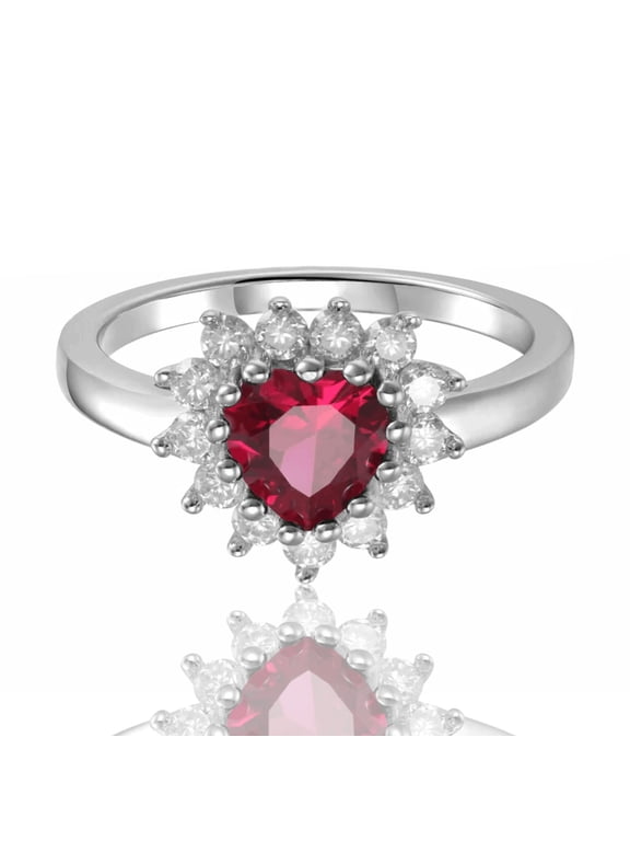 Created Ruby Heart Ring for Women, 925 Sterling Silver, White Topaz Accents, 1.2 Ct, Halo Style