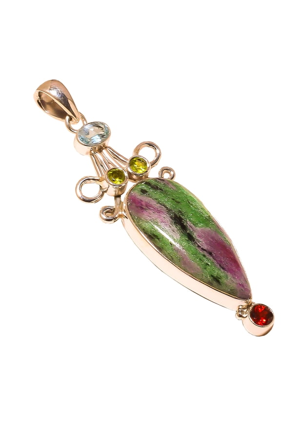 Ruby In Zoisite & Garnet & Blue Topaz 925 Silver Pendant 2.80"|Handmade Pendant, Gift for her, Green Pendant, Gemstone Silver Jewelry