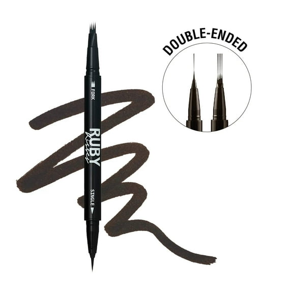 Ruby Kisses Go Brow Microblading Eyebrow Pen, Waterproof Eyebrow Pencil for Women, Dual-Ended Liquid Tattoo Brow Pencil With 4-Fork & Precise Brush Tip for Natural Hair-Like Strokes (Black Brown)