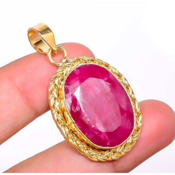 Ruby (Lab-Created) Silver Gold Plated Pendant 1.76" P7622-309