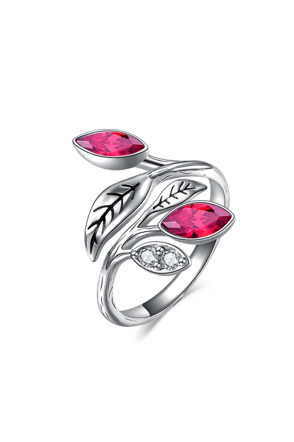 Ruby Leaf Ring 925 Sterling Silver Open Leaf Ring July Birthstone Rings for Women Christmas Gifts Wife Mothers Day Gifts(7-Ruby Ring)