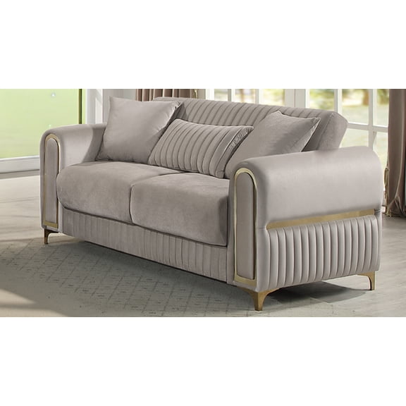 Ruby Modern Upholstered Loveseat in Taupe with Solid Birch Wood Frame, Pocket Coil Seating and Gold Stainless Steel Legs