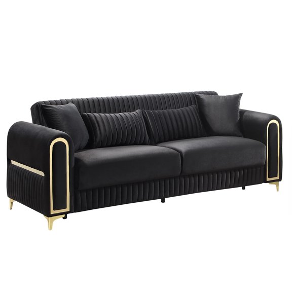 Ruby Modern Upholstered Sofa In Black With Solid Birch Wood Frame, Pocket Coil Seating And Gold Stainless Steel Legs