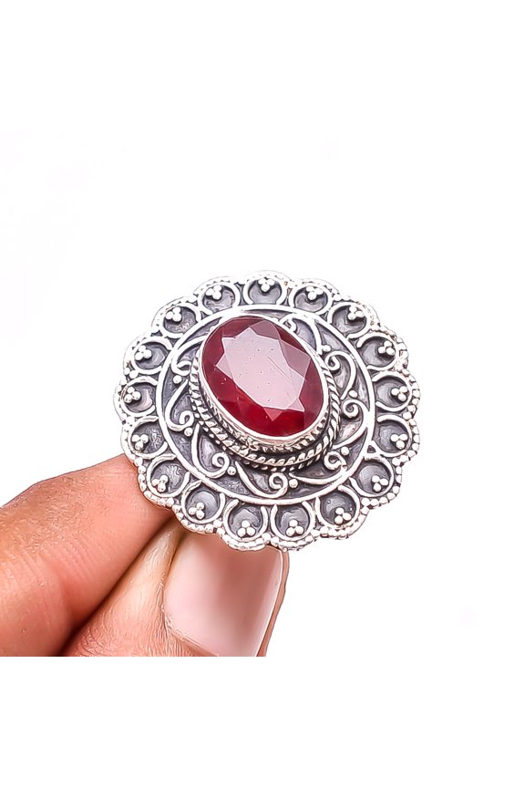 Ruby - Mozambique Oxidised (Simulated) Gemstone 925 Sterling Silver Ring S.7 R57