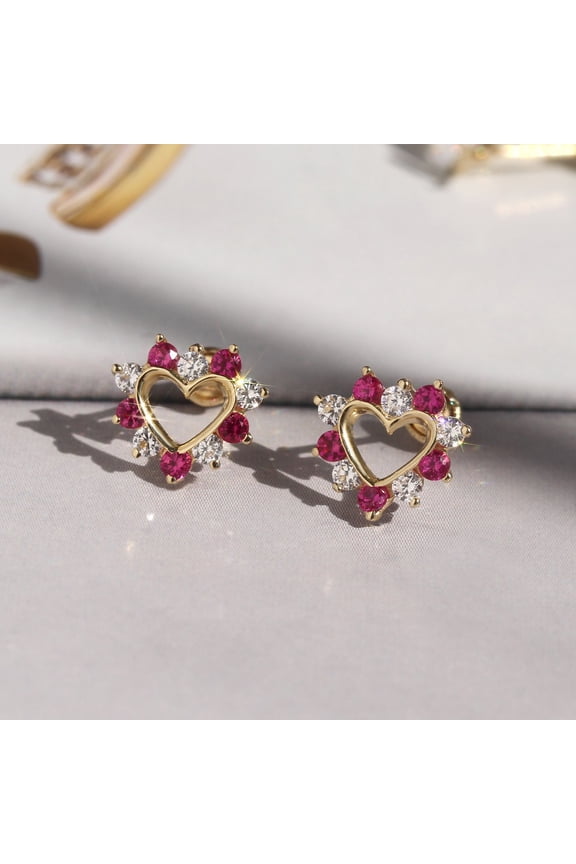 Ruby Open Heart Studs, 14K Yellow Gold Plated Stud Earrings, Stacking Diamond Earrings,Gifts