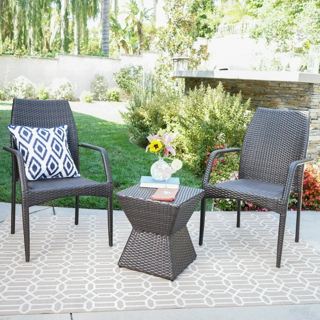 Ruby Outdoor 3 Piece Wicker Chat Set with Stacking Chairs and Square Side Table, Multibrown