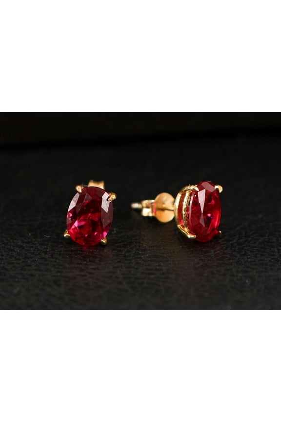 Ruby Oval Cut Earrings, July Birthstone Earrings, Solid Gold Earrings, Solitarie Silver Earrings, Minimalist Stud Earrings, Gift For Her