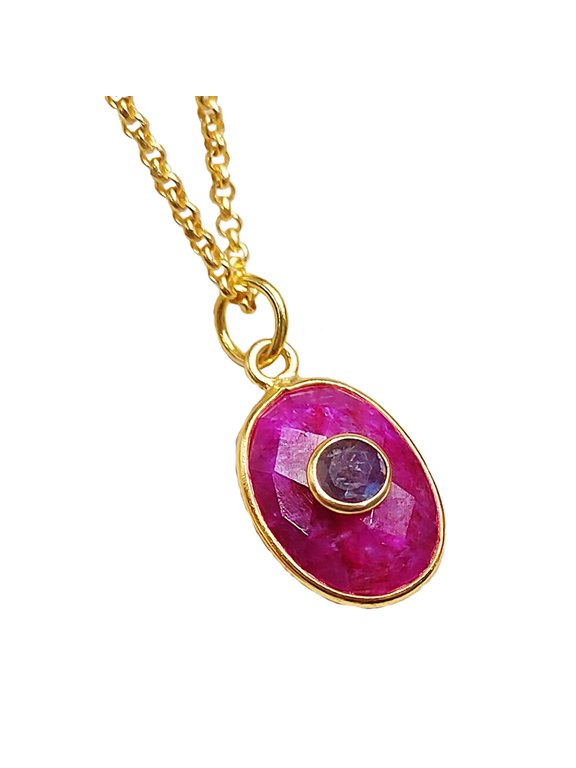 Ruby Oval Layering Necklace, July Birthstone, Labradorite Silver Necklace, Double stone pendant, Genuine Ruby Jewelry Mom Gift