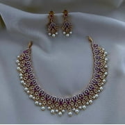 Ruby Pearl Necklace Set - South Indian Jewelry with Emerald Stones, Gold Plated Wedding & Party Necklace, Artificial Jewelry