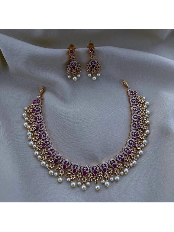 Ruby Pearl Necklace Set - South Indian Jewelry with Emerald Stones, Gold Plated Wedding & Party Necklace, Artificial Jewelry