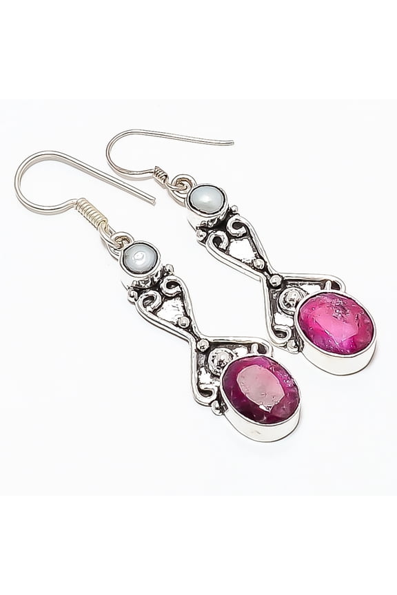 Ruby & Pearl (Simulated) 925 Sterling Silver Earring 2.15" TE7507-322, Gemstone Silver Jewelry, New Year Sale, Valentin's Day Gift