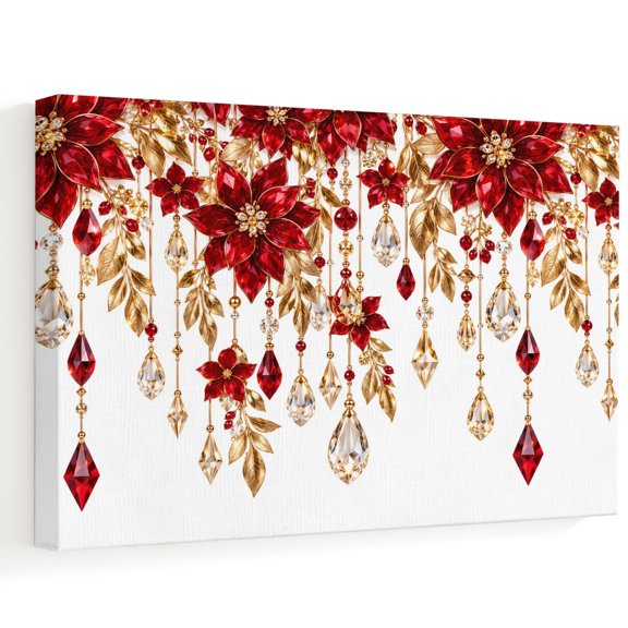 Ruby Poinsettia Canvas Wall Art, Christmas Red Gold Hanging Crystals Floral Wall Art Prints Artwork Framed Canvas Ready to Hang Art Pictures for Bathroom Bedroom Entry Desk Corner 10" x 8"