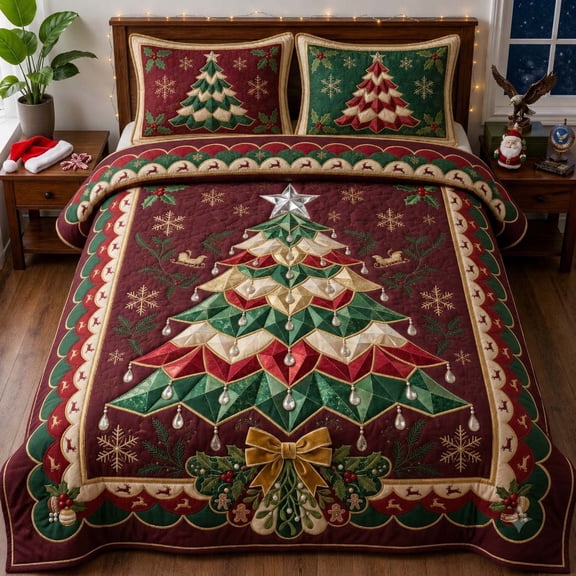 Ruby Poinsettia Christmas Tree 3-Piece Quilted Bedding Set