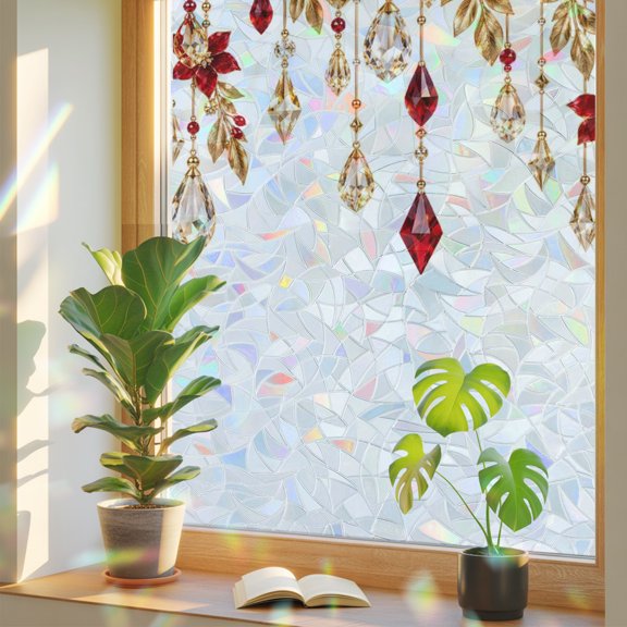 Ruby Poinsettia Window Privacy Film, Christmas Red Gold Hanging Crystals Floral Stained Glass Rainbow Film Decorative Window Clings, Static Cling Sun Blocking Stickers 17.7" x 39.3"