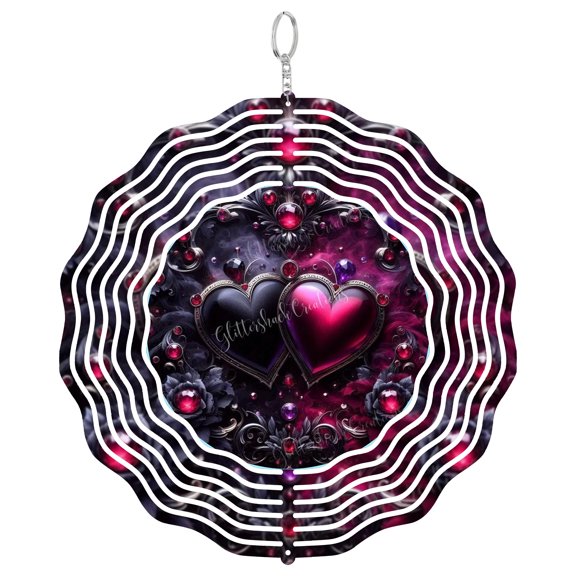 Ruby Purple Gem Heart 3D Wind Spinner Stainless Steel Kinetic Art Gothic Love Round