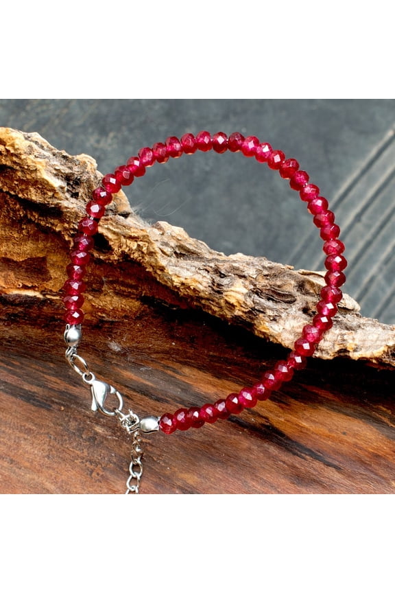Ruby Quartz 3mm Rondelle Shape Faceted Cut Beads 7 inch Adjustable Silver Plated Clasp Bracelet for men, women, unisex. Link Chain Stacking Bracelet.|LINK_05980