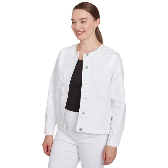 Ruby Rd. Denim Embroidered Short Jacket Runs Genirouse (US, Numeric, 14, Regular, Short, Standard, White)