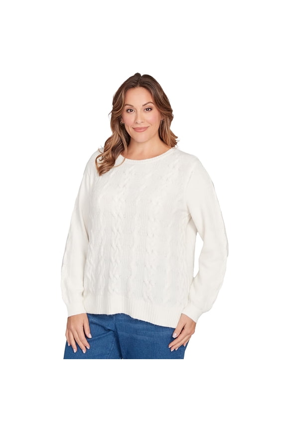 Ruby Rd. Classic Cable Pullover Sweater Polyester/Nylon (US, Alpha, Small, Regular, Petite, Petite, Ivory)