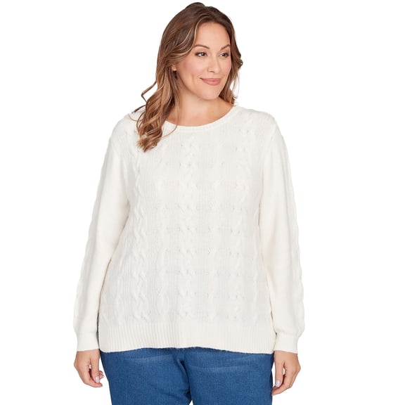 Ruby Rd. Classic Cable Pullover Sweater Polyester/Nylon (US, Alpha, Large, Regular, Petite, Petite, Ivory)