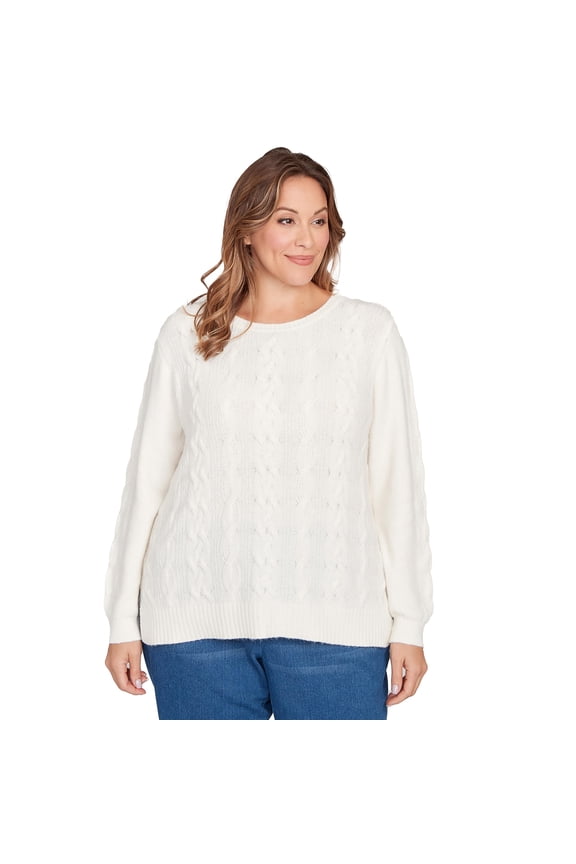 Classic Cable Pullover Sweater Polyester/Nylon (US, Alpha, Large, Regular, Petite, Petite, Ivory)
