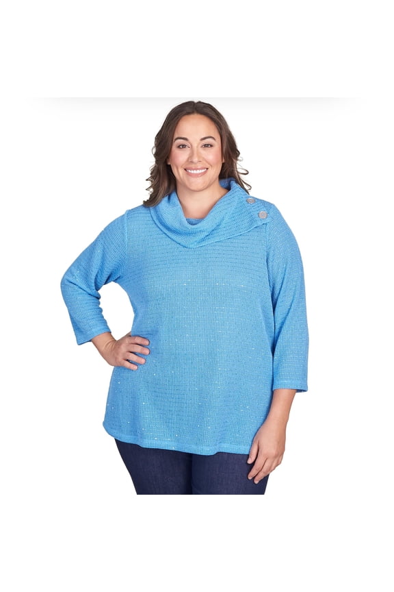 Ruby Rd Cowl Neck Top with Tiny Sequins All Polyester (US, Alpha, 2X, Plus, Regular, Plus Size, Blue)