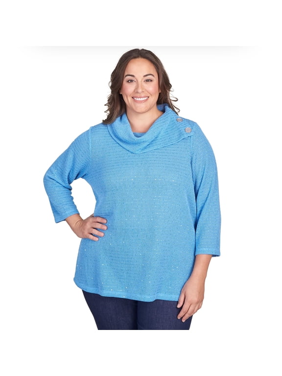 Cowl Neck Top with Tiny Sequins All Polyester (US, Alpha, 3X, Plus, Regular, Plus Size, Blue)