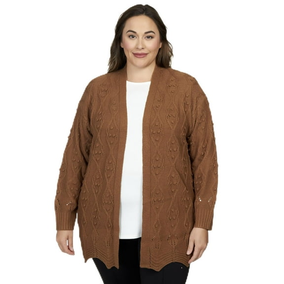 Ruby Rd. Fall Open Cardigan Pointelle All Acrylic (US, Alpha, 2X, Plus, Regular, Plus Size, Chestnut)