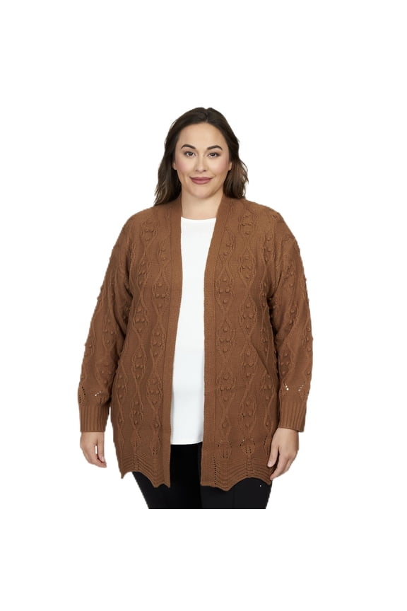 Fall Open Cardigan Pointelle All Acrylic (US, Alpha, 3X, Plus, Regular, Plus Size, Chestnut)