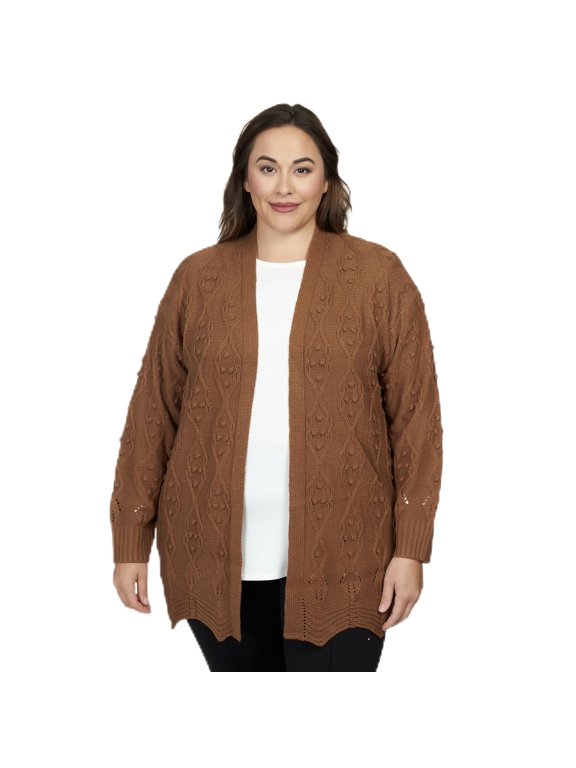 Fall Open Cardigan Pointelle All Acrylic (US, Alpha, 3X, Plus, Regular, Plus Size, Chestnut)