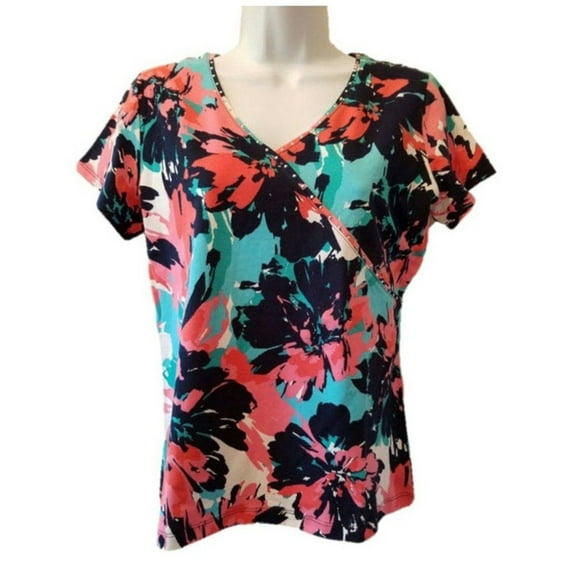 Ruby Rd. Favorites Womens Size Small Short Sleeve Embellished Floral Print Top, True Navy