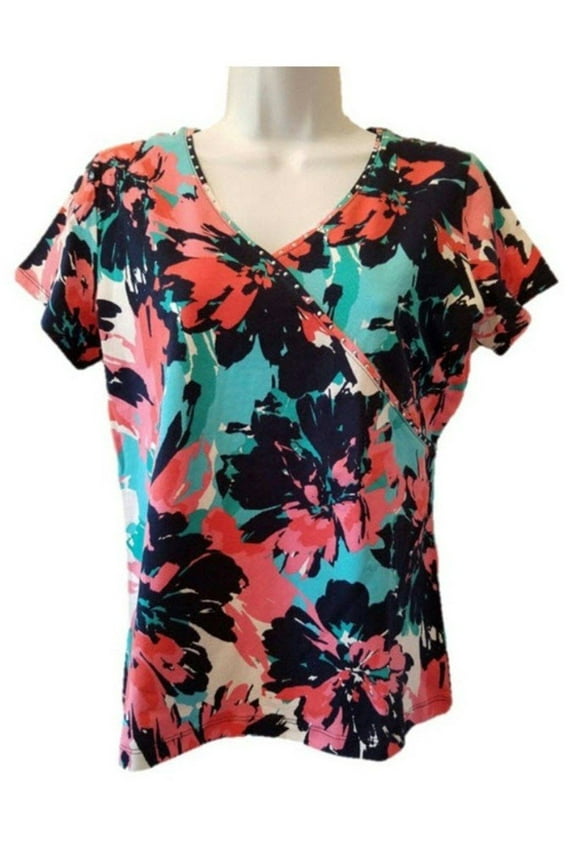 Favorites Womens Size Small Short Sleeve Embellished Floral Print Top, True Navy