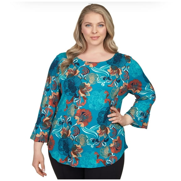 Ruby Rd. Folral Top Soft to Touch Rayon/Spandex (US, Alpha, 1X, Plus, Regular, Plus Size, Teal/Multi)