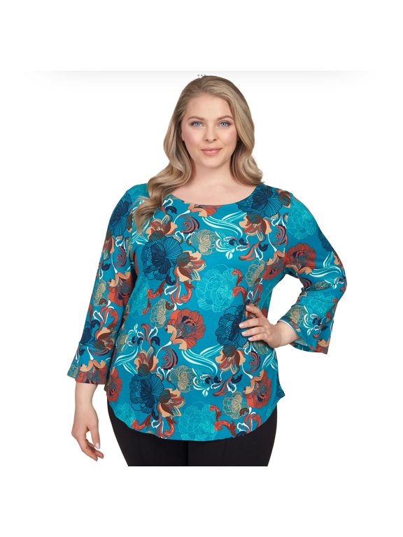 Folral Top Soft to Touch Rayon/Spandex (US, Alpha, 1X, Plus, Regular, Plus Size, Teal/Multi)