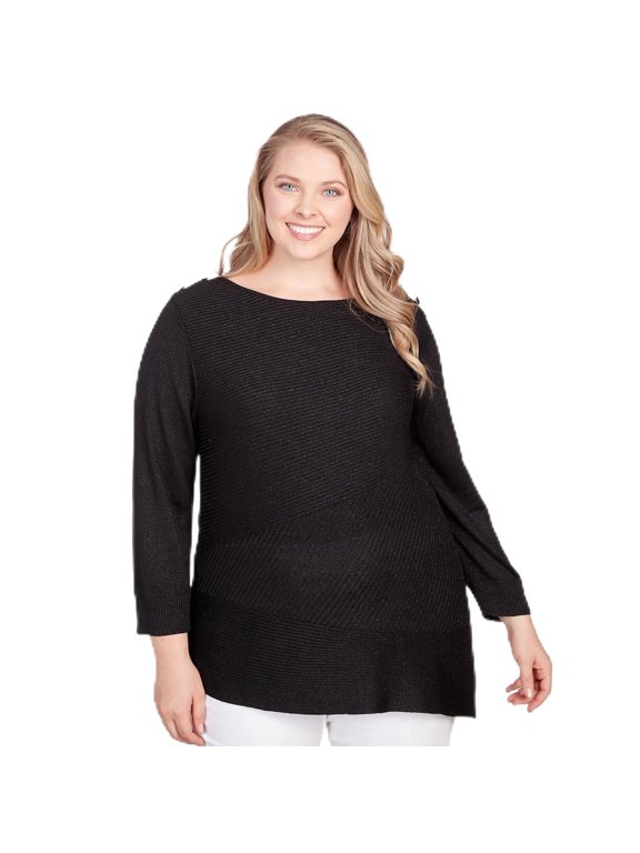 Light Weight Shiny Pullover Sweater (US, Alpha, 2X, Plus, Regular, Plus Size, Black)