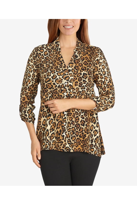 Misses Cheetah Printed Button-Front Handkerchief Top Black Multi S