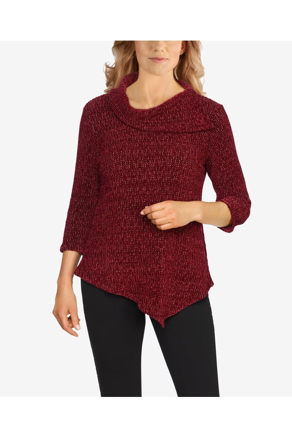 Misses Metallic Chenille Split Cowl Neck Top Metallic Cheni Wine M