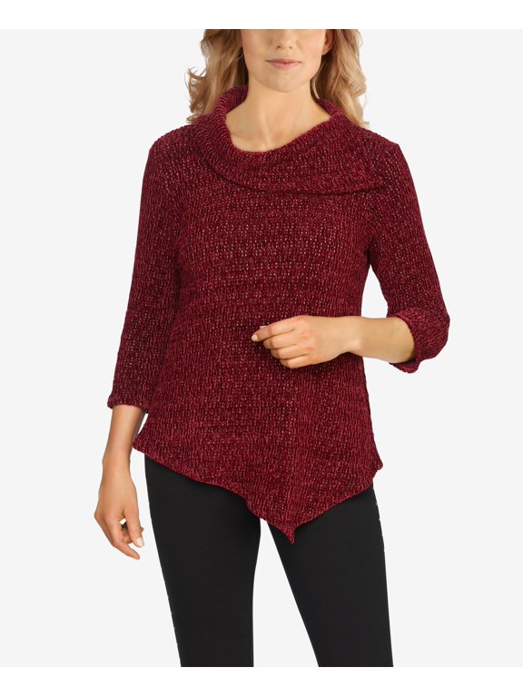 Misses Metallic Chenille Split Cowl Neck Top Metallic Cheni Wine M