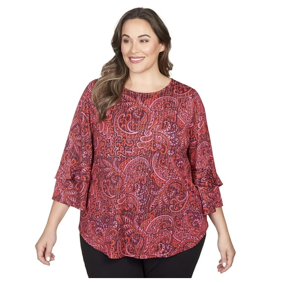 Ruby Rd. Must Have Modern Polyester Red/Black Shirt with Bell Sleeve (US, Alpha, 3X, Plus, Regular, Plus Size, Red/Multi)