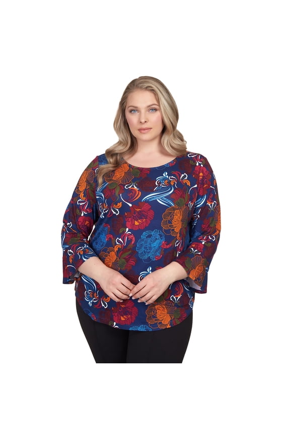 Ruby Rd Must Have Rayon Floral Top with Bell Sleeve Washable (US, Alpha, 2X, Plus, Regular, Plus Size, Indigo/Multi)