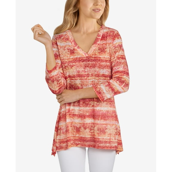 Ruby Rd. Petite Size Embellished Tropical Stripe Burnout Top Hibiscus Multi PXL