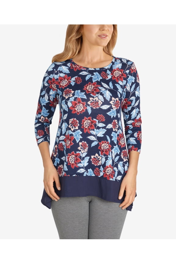 Plus Size Floral Printed Hacci Handkerchief Top Navy Multi 3X