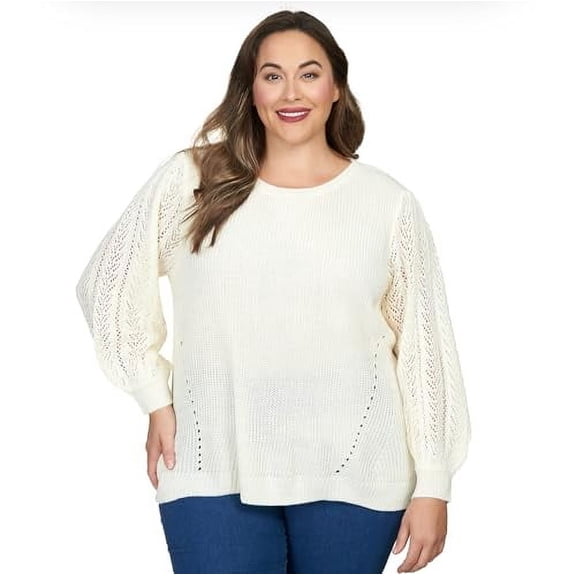 Ruby Rd Pullover Sweater All Acrylic with Pointelle Puff Sleeve (US, Alpha, 3X, Plus, Regular, Plus Size, Ivory)