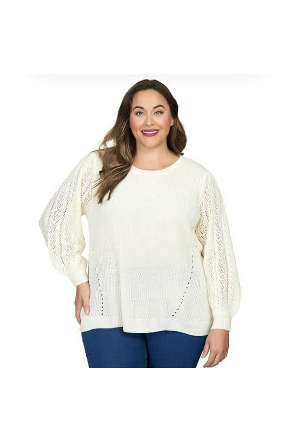 Ruby Rd Pullover Sweater All Acrylic with Pointelle Puff Sleeve (US, Alpha, 3X, Plus, Regular, Plus Size, Ivory)