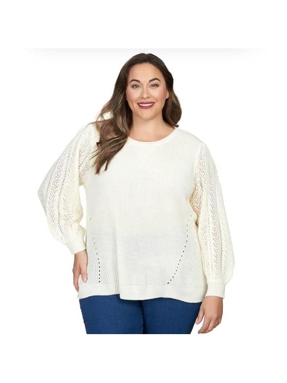 Ruby Rd Pullover Sweater All Acrylic with Pointelle Puff Sleeve (US, Alpha, 3X, Plus, Regular, Plus Size, Ivory)