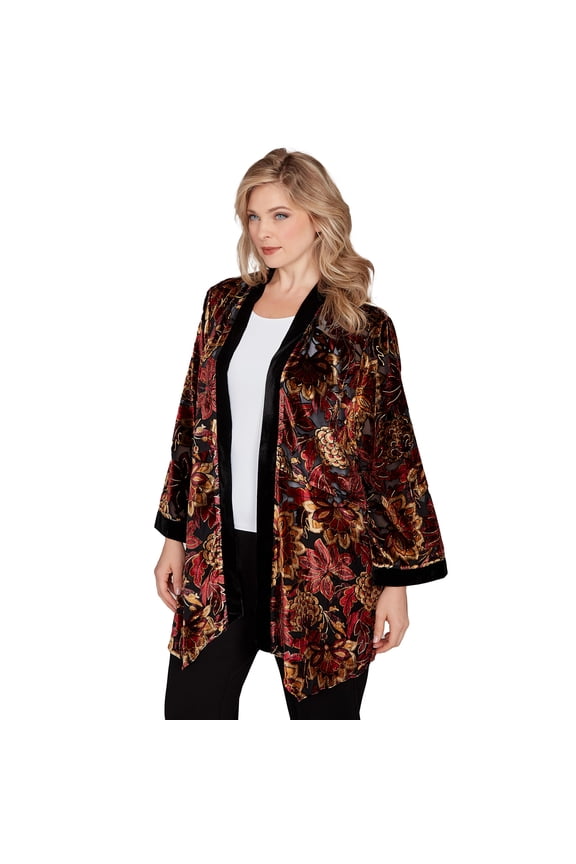 Red Allure Velvet Floral Jacket (US, Alpha, Small, Regular, Petite, Petite, Cherry/multi)