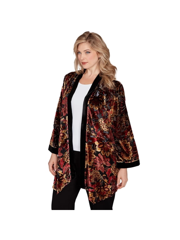 Red Allure Velvet Floral Jacket (US, Alpha, Small, Regular, Petite, Petite, Cherry/multi)