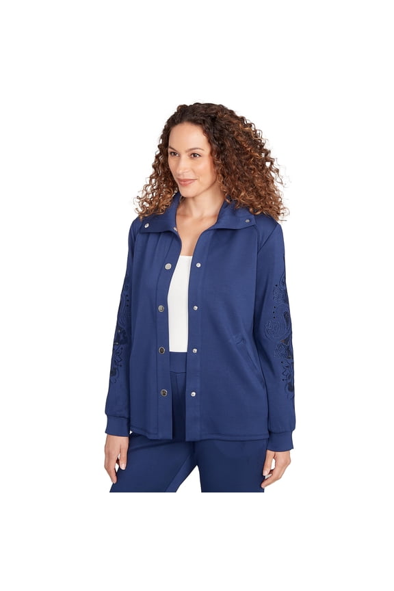 Ruby Rd. Solid Scuba With Embroidery on Sleeve (Petite, Deep blue, Small)