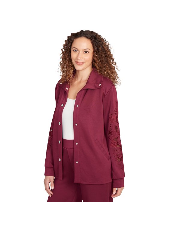 Ruby Rd. Solid Scuba With Embroidery on Sleeve (Petite, Deep blue, X-Large)