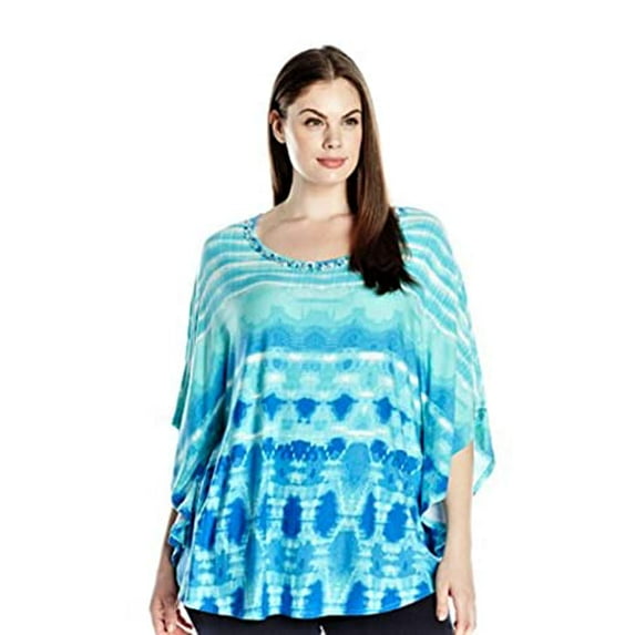 Ruby Rd. Women's Embellished Scoop Neck Reflective Tie Dye Boyder Print Butterfly Top, Aqua Blue/Multi, Large