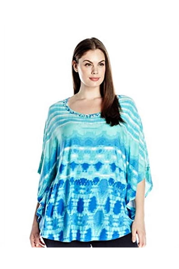 Women's Embellished Scoop Neck Reflective Tie Dye Boyder Print Butterfly Top, Aqua Blue/Multi, Medium
